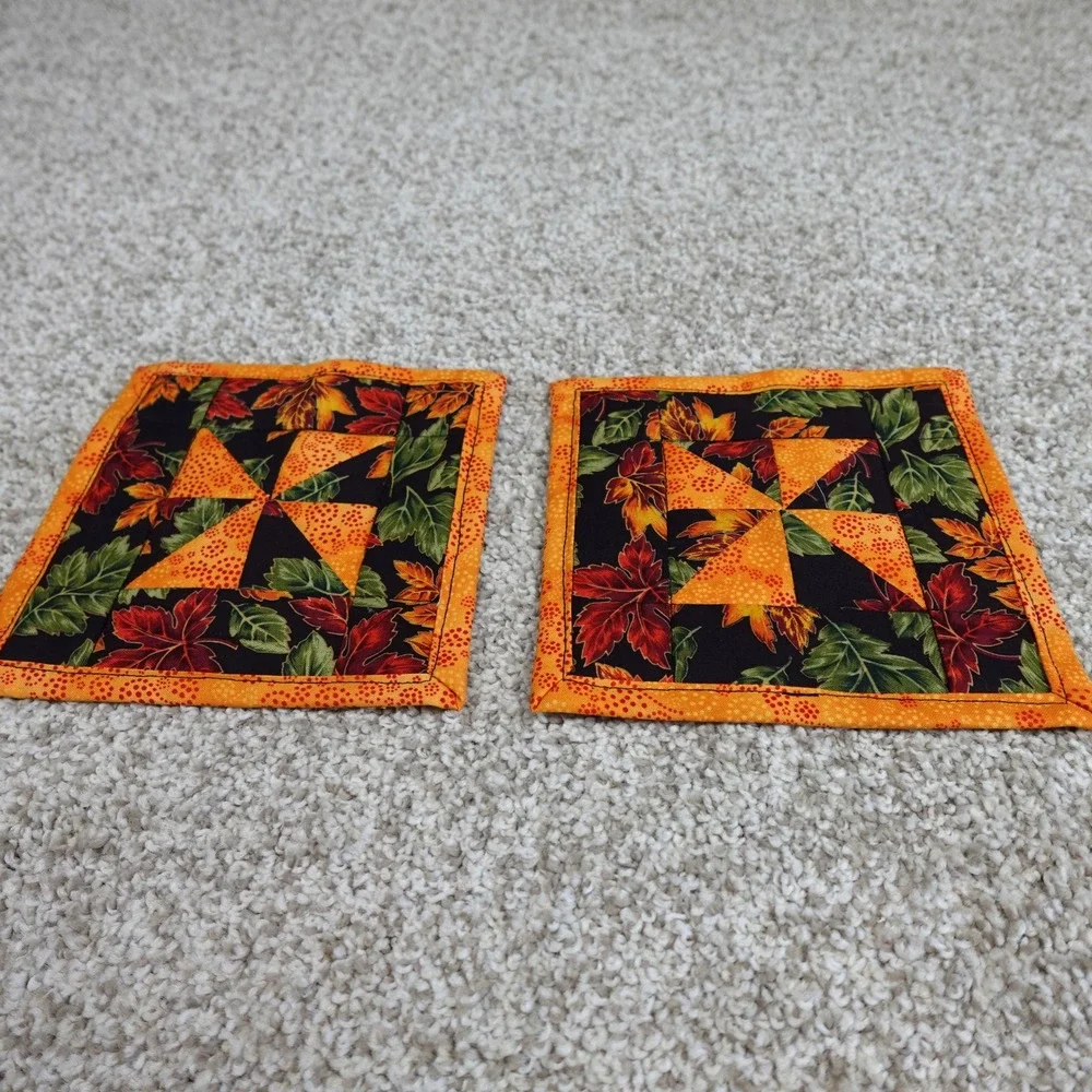 Handmade Quilted Mug Rug Set 2 Dark Fall Leaves Pinwheel Cotton Coasters 6.5in